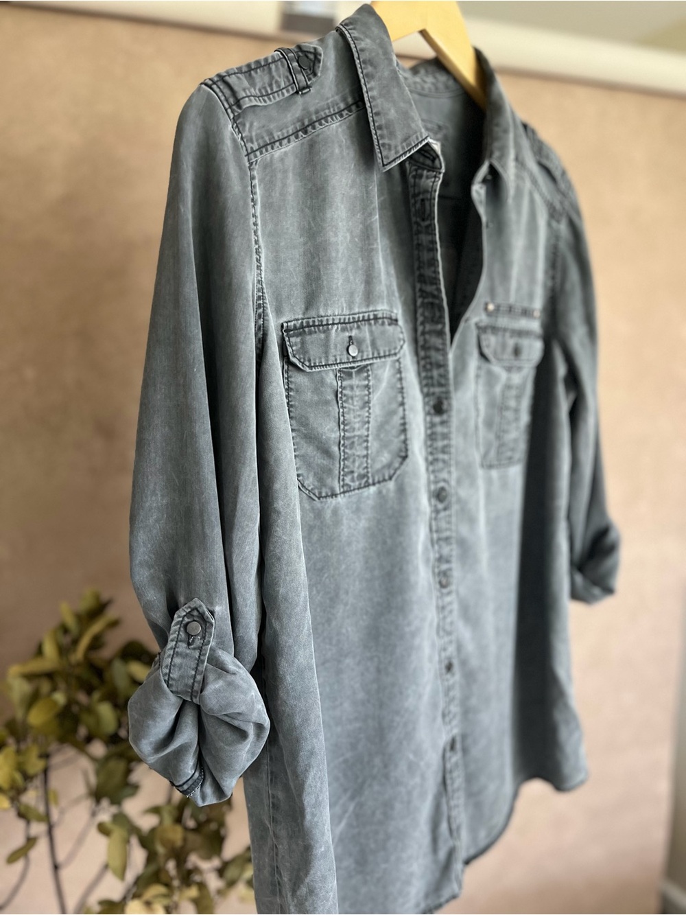 Women’s Tencel Lyocell Stone Washed Grey Button-Up Collared Long Sleeve Shirt